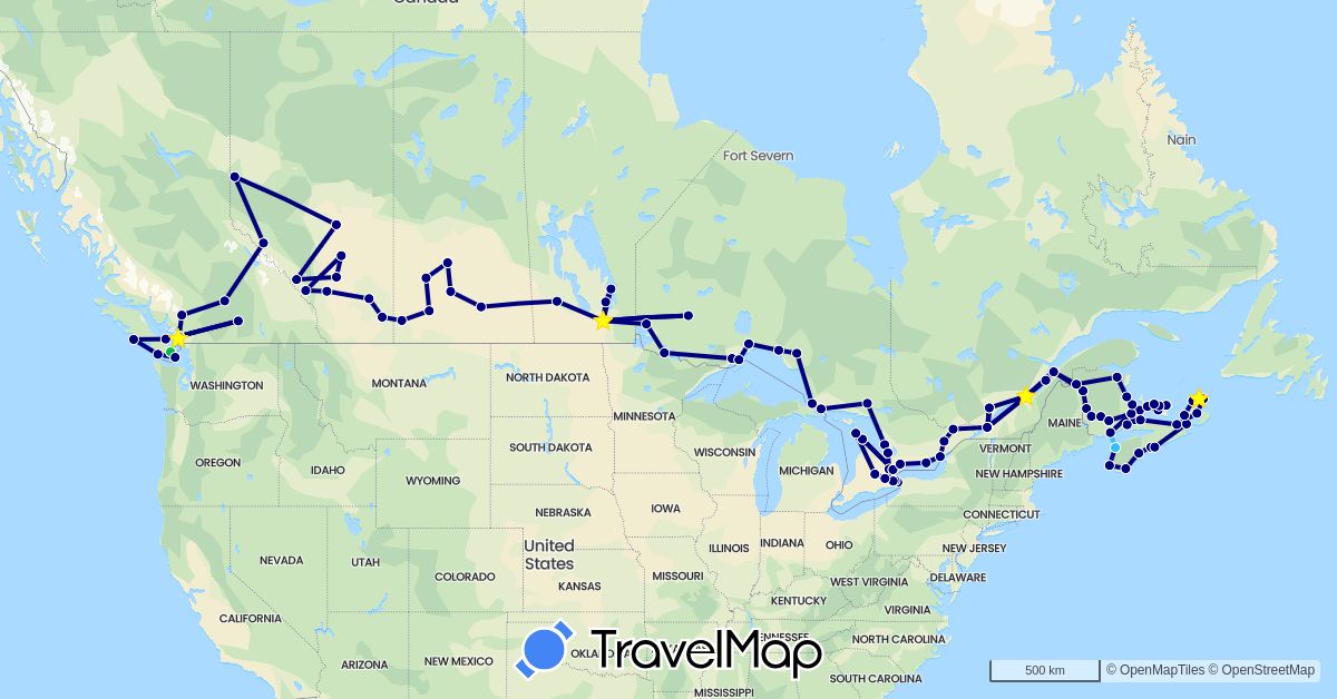 TravelMap itinerary: driving, bus, plane, boat in Canada (North America)